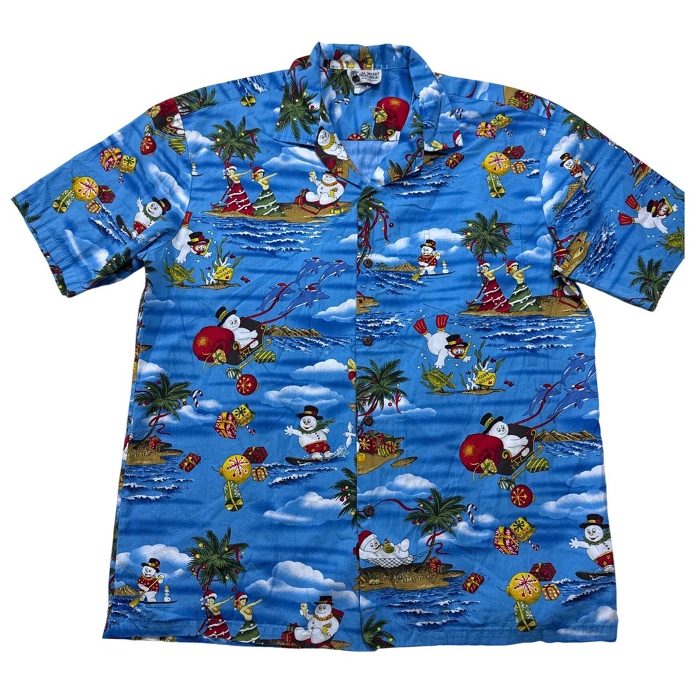 Aloha Republic MensXL Christmas Hawaiian Shirt Blue Snowman Tropical Made in USA